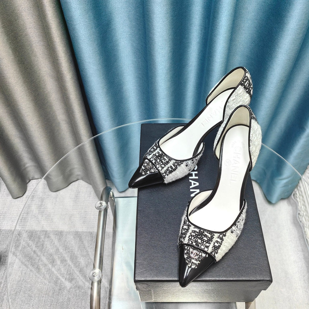 Chanel Pointed Toe   High Heels 70mm Black White in Coarse wool fabric 712466