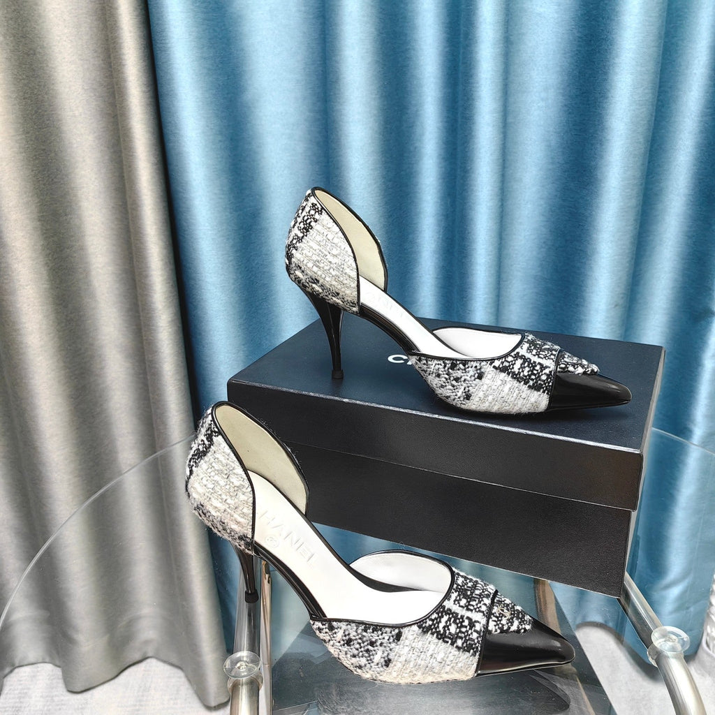 Chanel Pointed Toe   High Heels 70mm Black White in Coarse wool fabric 712466