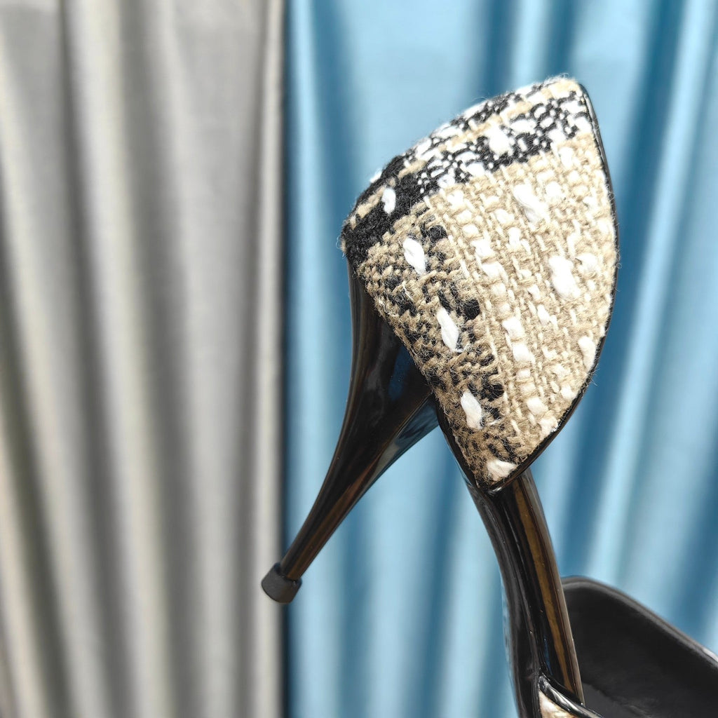Chanel Pointed Toe   High Heels 70mm Beige Black in Coarse wool fabric 712465
