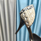 Chanel Pointed Toe   High Heels 70mm Beige Black in Coarse wool fabric 712465