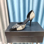 Chanel Pointed Toe   High Heels 70mm Beige Black in Coarse wool fabric 712465
