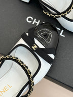 Chanel Double C Bow Chain Slingback White Black in Cowhide 717779