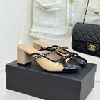 Chanel Double C Bow Chain Slingback Beige Black in Cowhide 717778