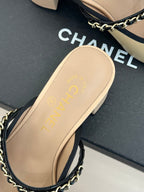 Chanel Double C Bow Chain Slingback Beige Black in Cowhide 717778