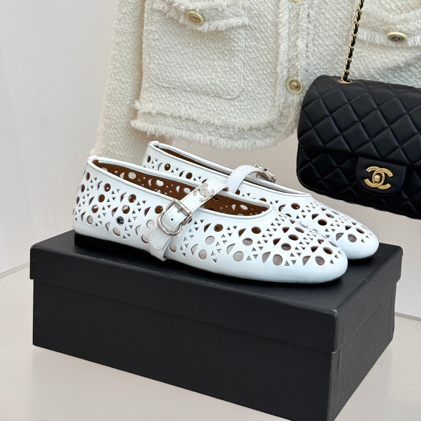 Chanel 26 Classic Double C Perforated Mary Jane Flats White in Cowhide 717777