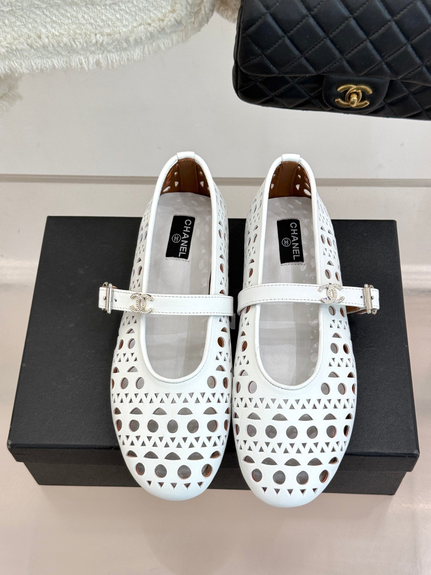 Chanel 26 Classic Double C Perforated Mary Jane Flats White in Cowhide 717777