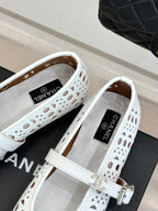 Chanel 26 Classic Double C Perforated Mary Jane Flats White in Cowhide 717777