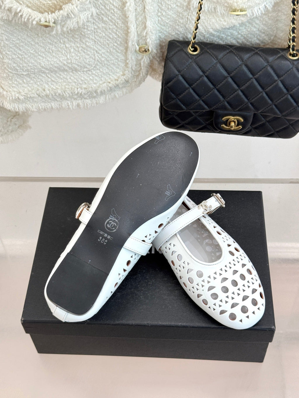 Chanel 26 Classic Double C Perforated Mary Jane Flats White in Cowhide 717777