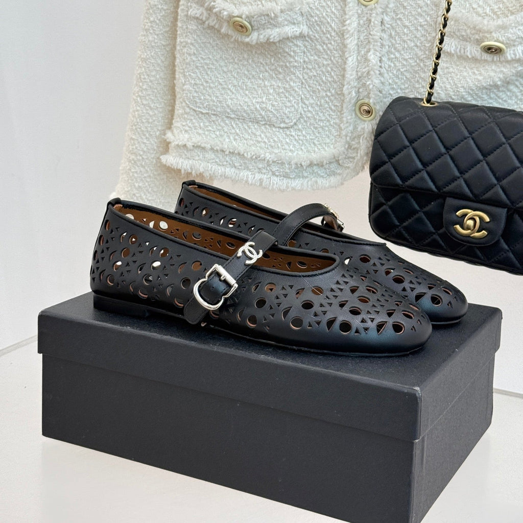 Chanel 26 Classic Double C Perforated Mary Jane Flats Black in Cowhide 717776
