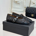 Chanel 26 Classic Double C Perforated Mary Jane Flats Black in Cowhide 717776