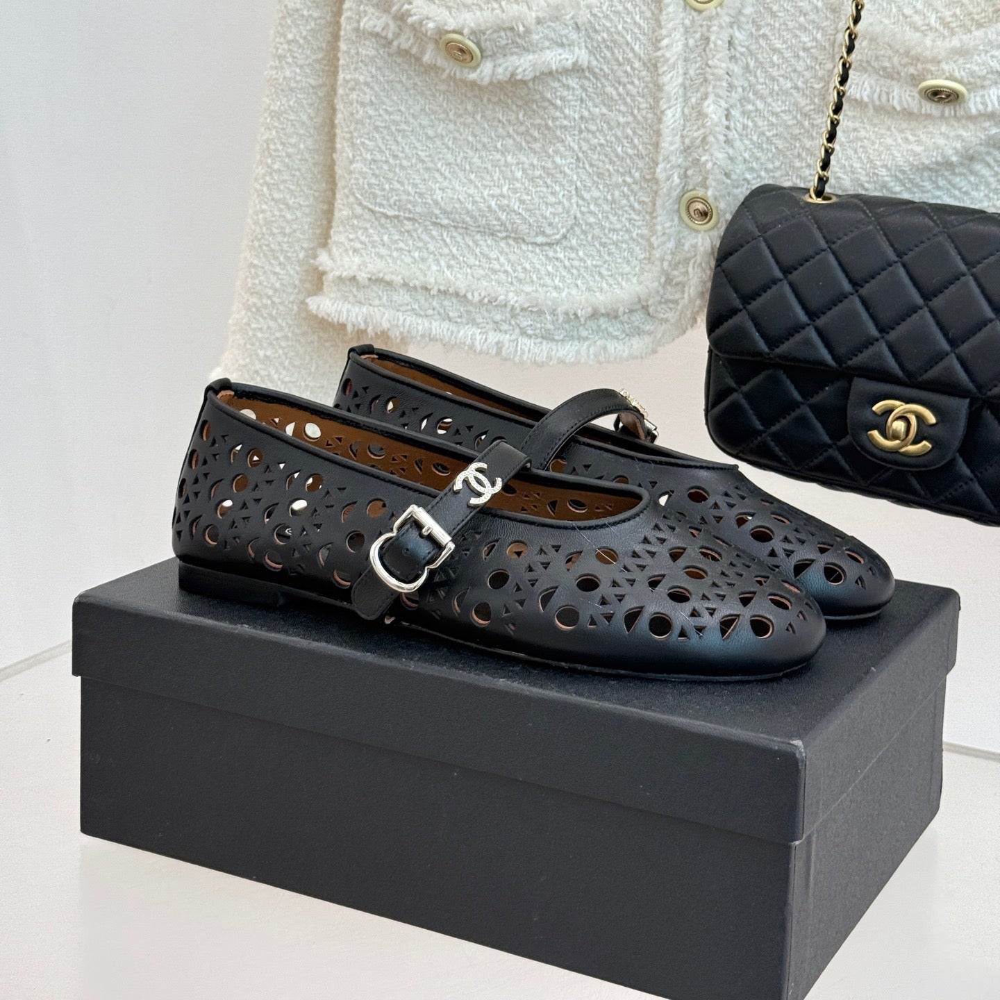 Chanel 26 Classic Double C Perforated Mary Jane Flats Black in Cowhide 717776