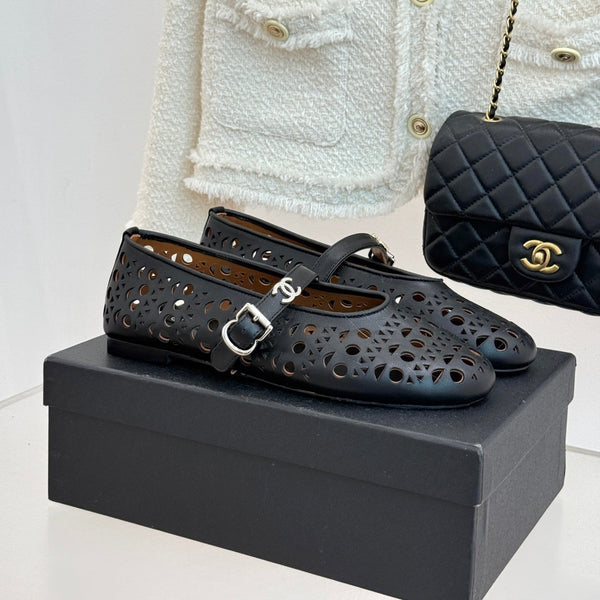 Chanel 26 Classic Double C Perforated Mary Jane Flats Black in Cowhide 717776