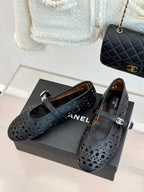 Chanel 26 Classic Double C Perforated Mary Jane Flats Black in Cowhide 717776