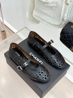 Chanel 26 Classic Double C Perforated Mary Jane Flats Black in Cowhide 717776