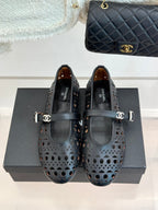 Chanel 26 Classic Double C Perforated Mary Jane Flats Black in Cowhide 717776