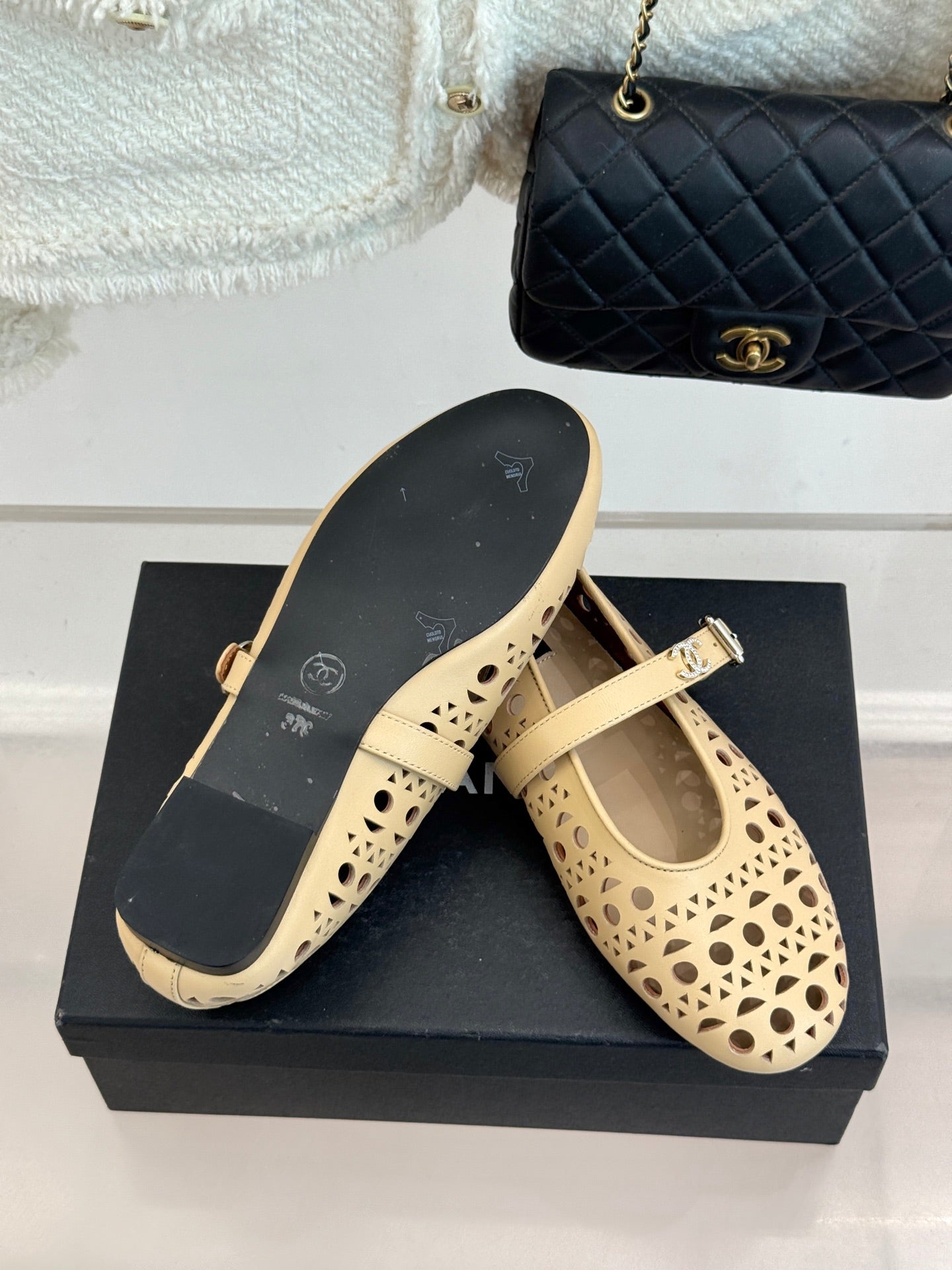 Chanel 26 Classic Double C Perforated Mary Jane Flats Beige in Cowhide 717775