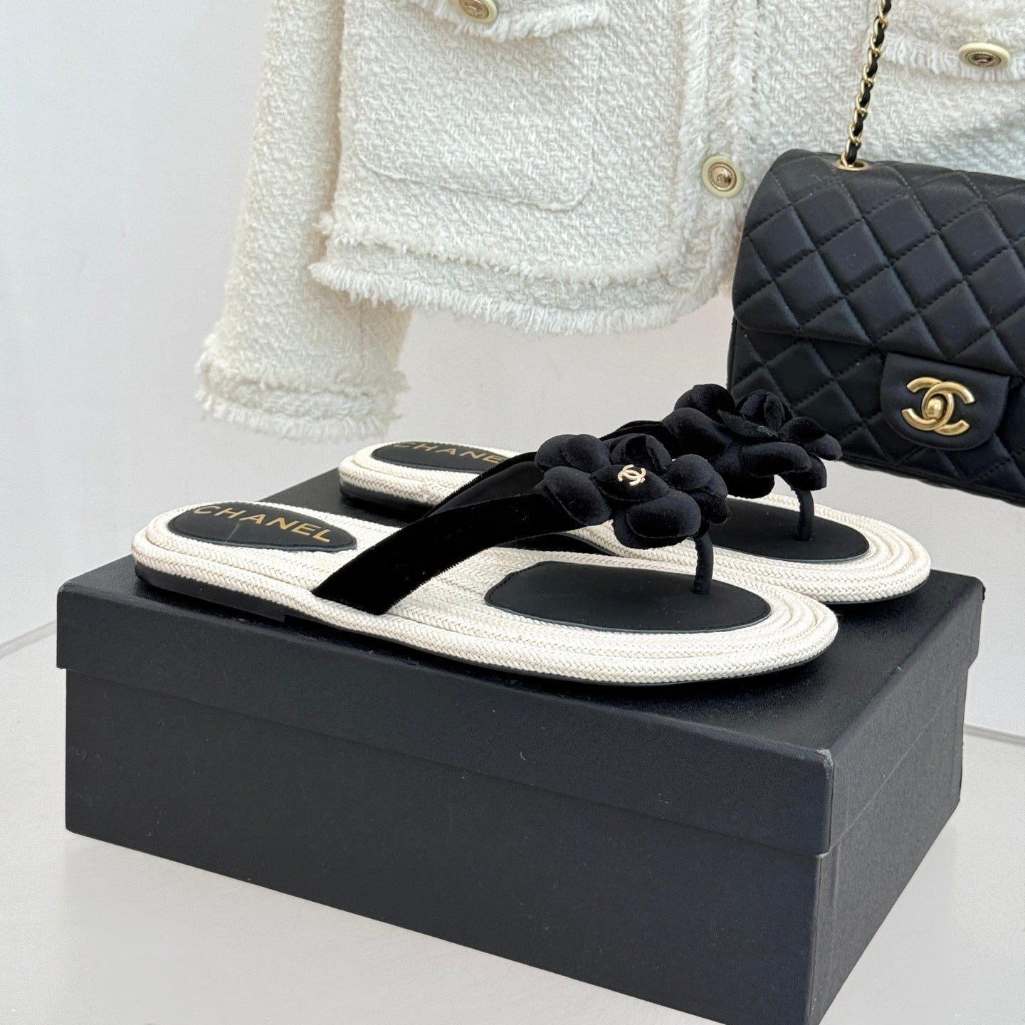 Chanel 26C Camellia Rope-Soled Flip-Flops Black in Velvet 717718