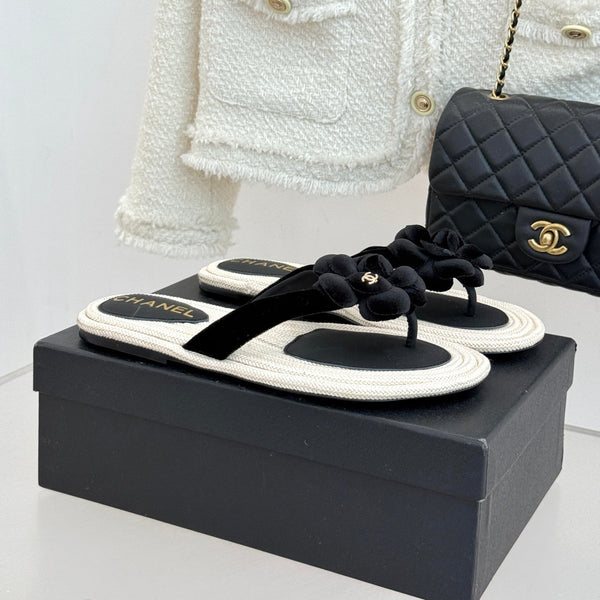 Chanel 26C Camellia Rope-Soled Flip-Flops Black in Velvet 717718