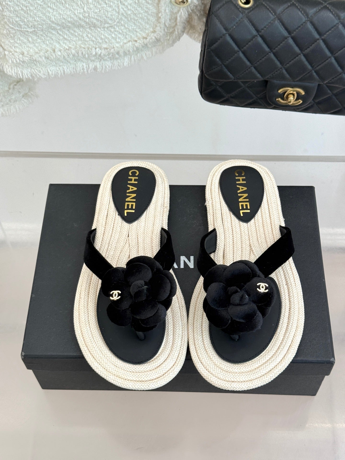 Chanel 26C Camellia Rope-Soled Flip-Flops Black in Velvet 717718