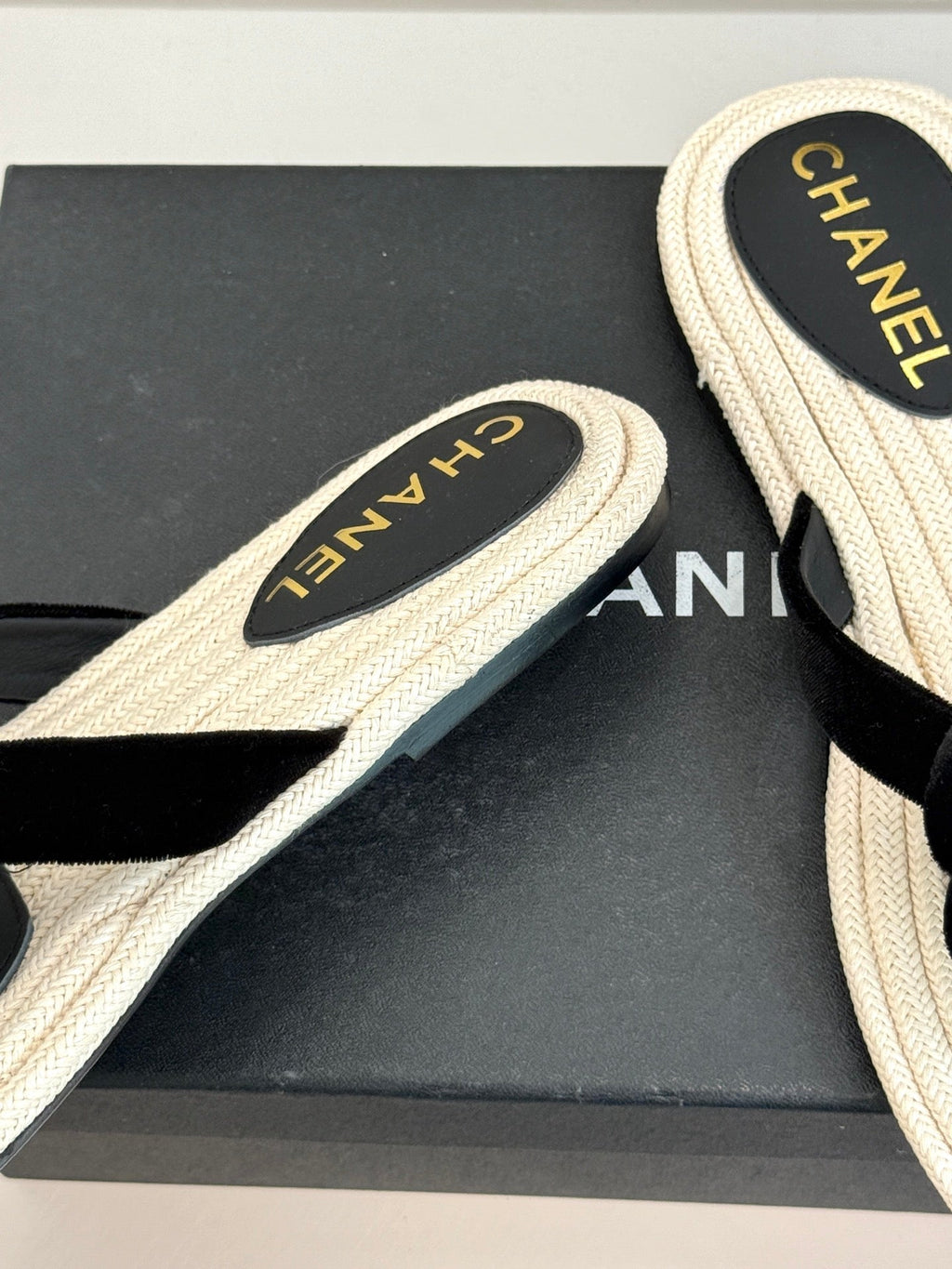 Chanel 26C Camellia Rope-Soled Flip-Flops Black in Velvet 717718