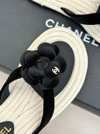 Chanel 26C Camellia Rope-Soled Flip-Flops Black in Velvet 717718