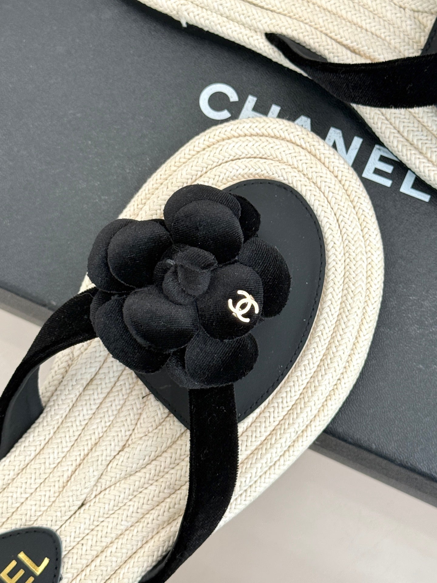 Chanel 26C Camellia Rope-Soled Flip-Flops Black in Velvet 717718