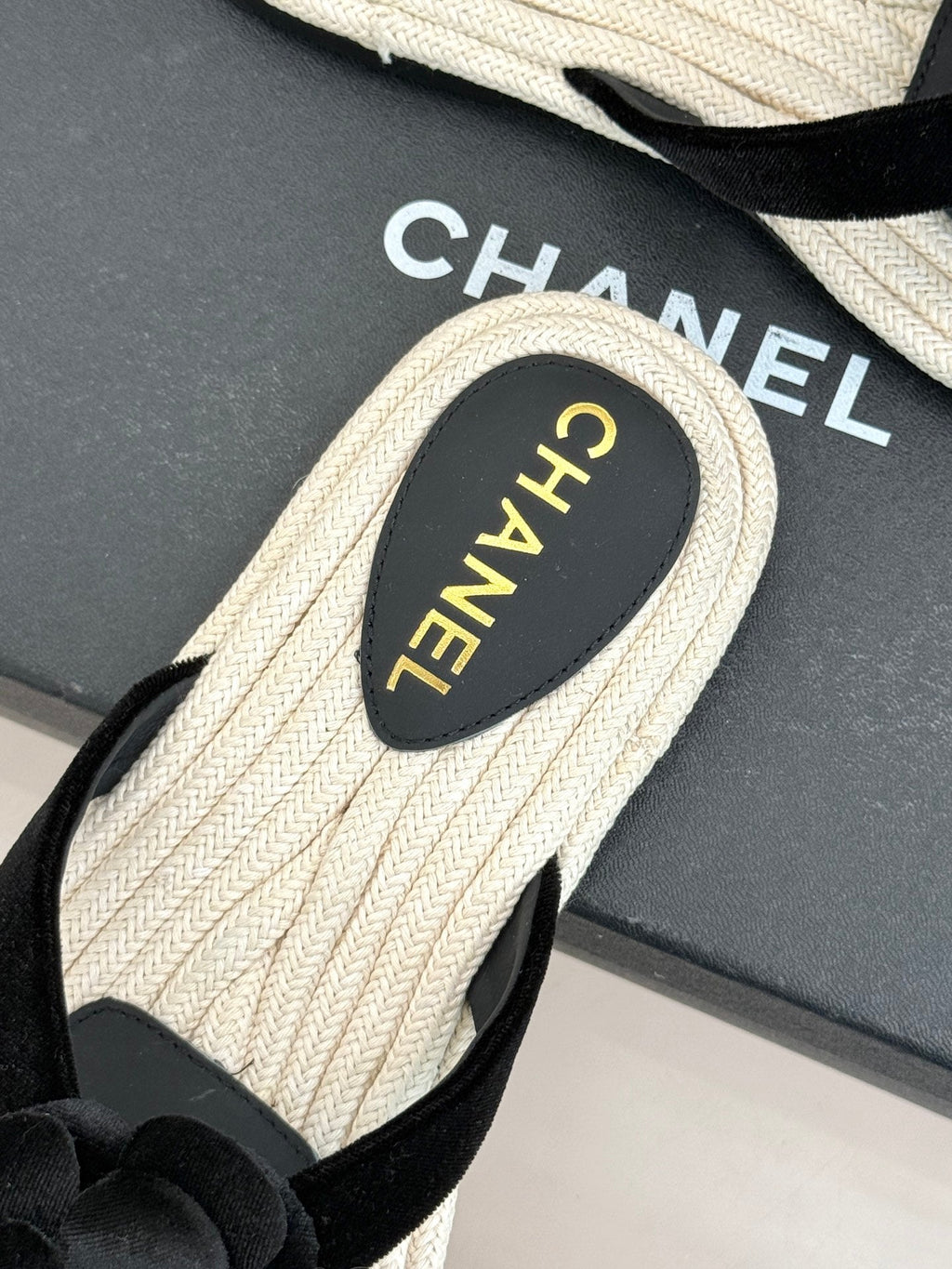 Chanel 26C Camellia Rope-Soled Flip-Flops Black in Velvet 717718