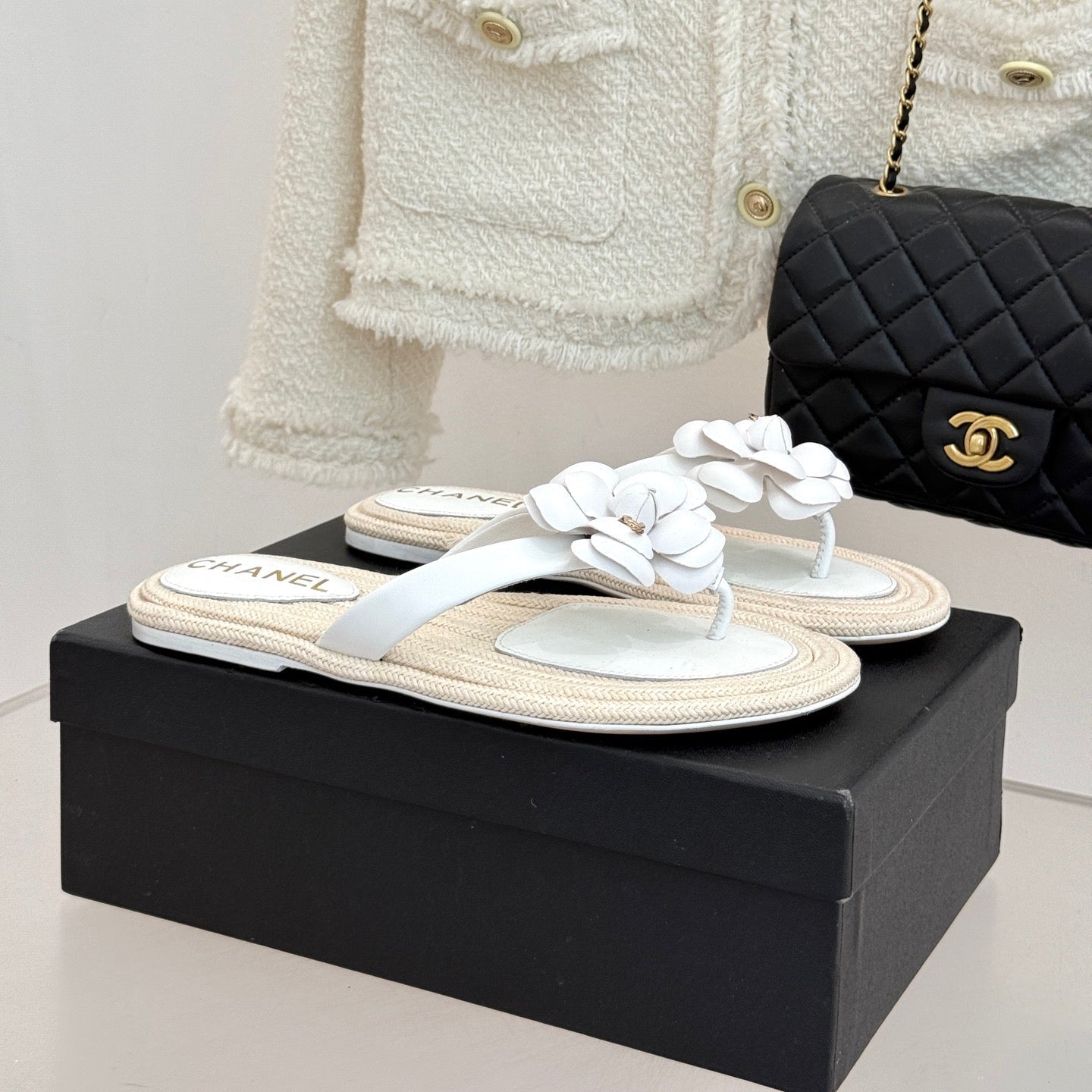Chanel 26C Camellia Rope-Soled Flip-Flops White in Sheepskin 717717