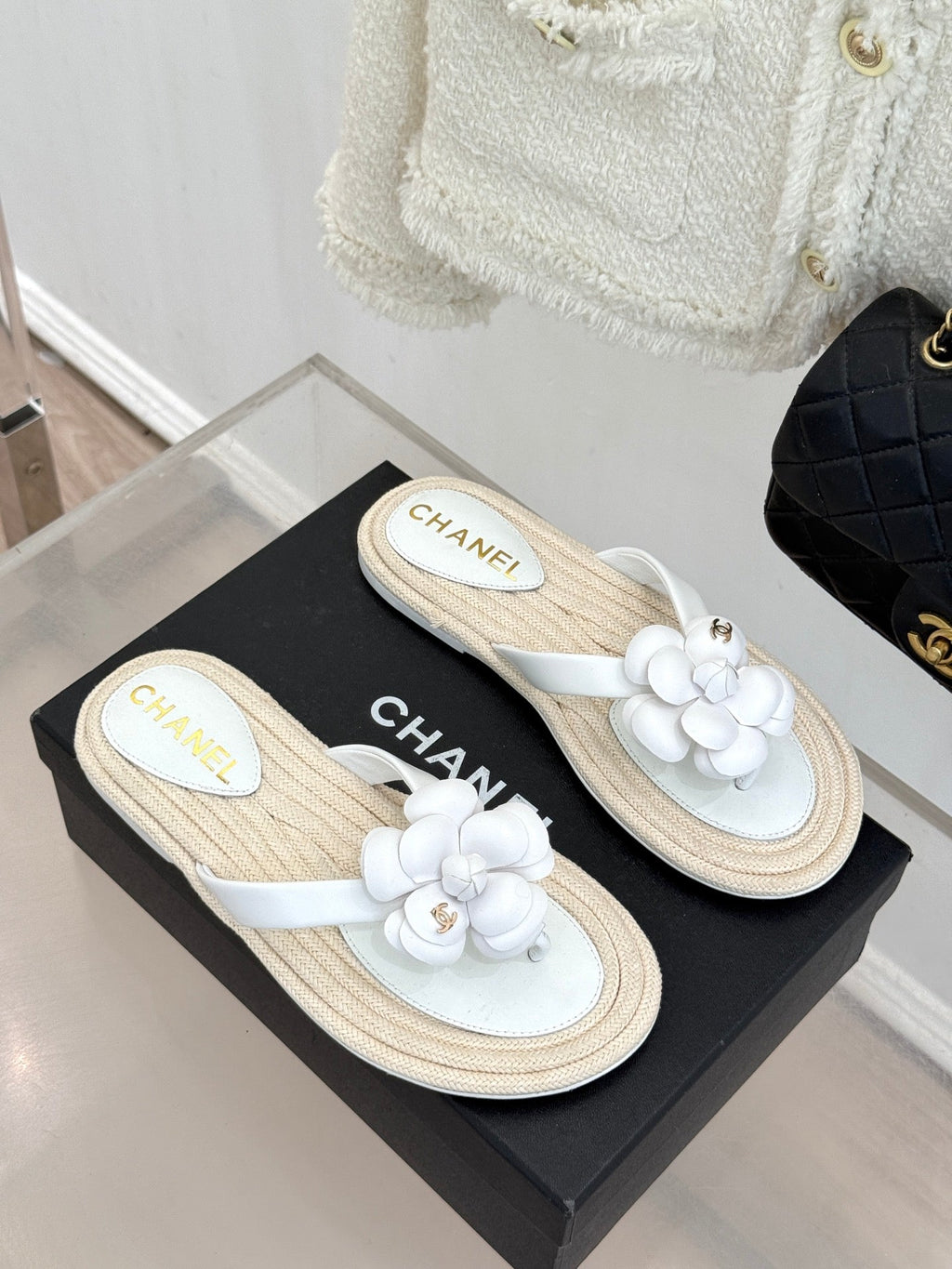 Chanel 26C Camellia Rope-Soled Flip-Flops White in Sheepskin 717717