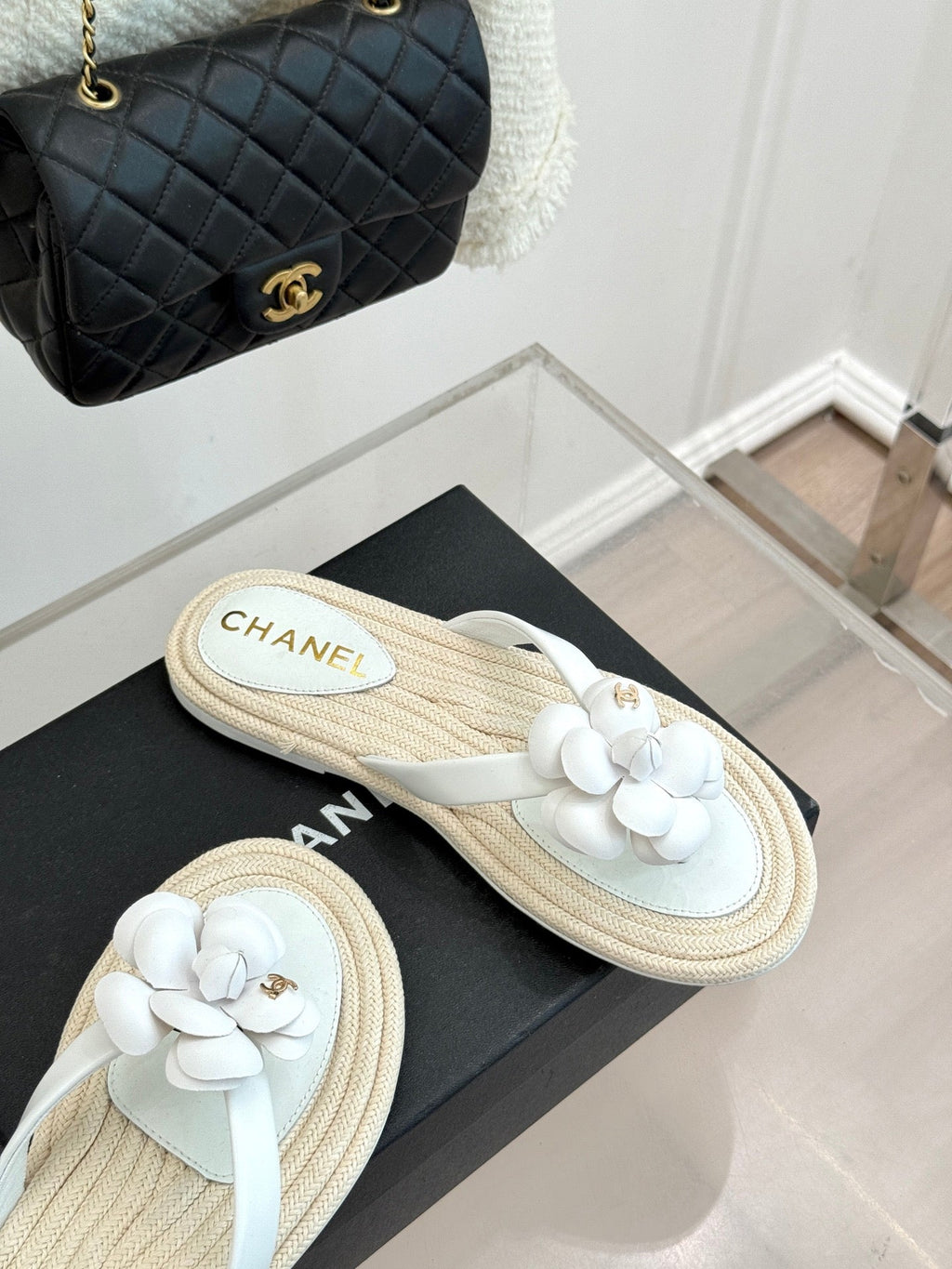 Chanel 26C Camellia Rope-Soled Flip-Flops White in Sheepskin 717717