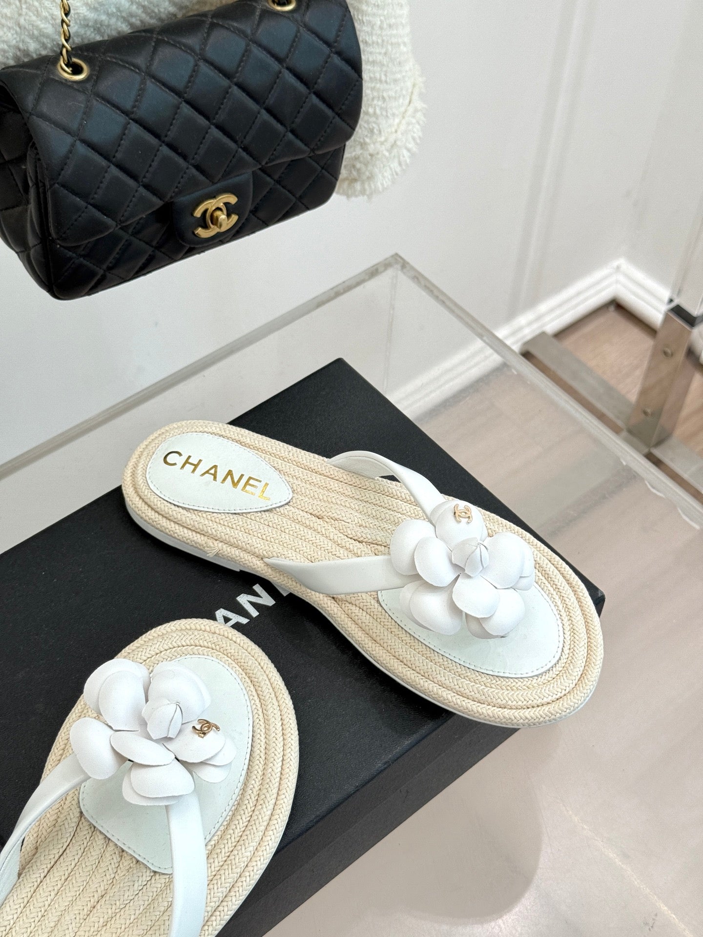 Chanel 26C Camellia Rope-Soled Flip-Flops White in Sheepskin 717717