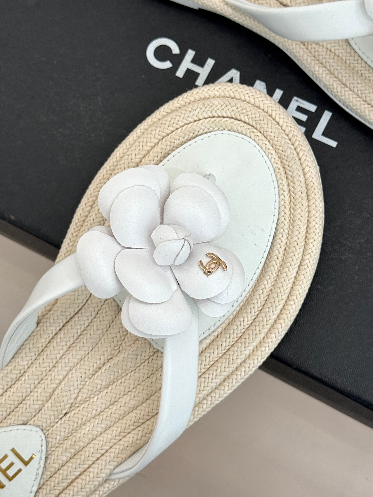 Chanel 26C Camellia Rope-Soled Flip-Flops White in Sheepskin 717717