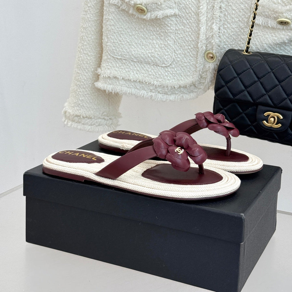 Chanel 26C Camellia Rope-Soled Flip-Flops Burgundy in Sheepskin 717716