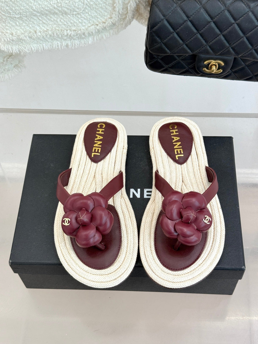 Chanel 26C Camellia Rope-Soled Flip-Flops Burgundy in Sheepskin 717716