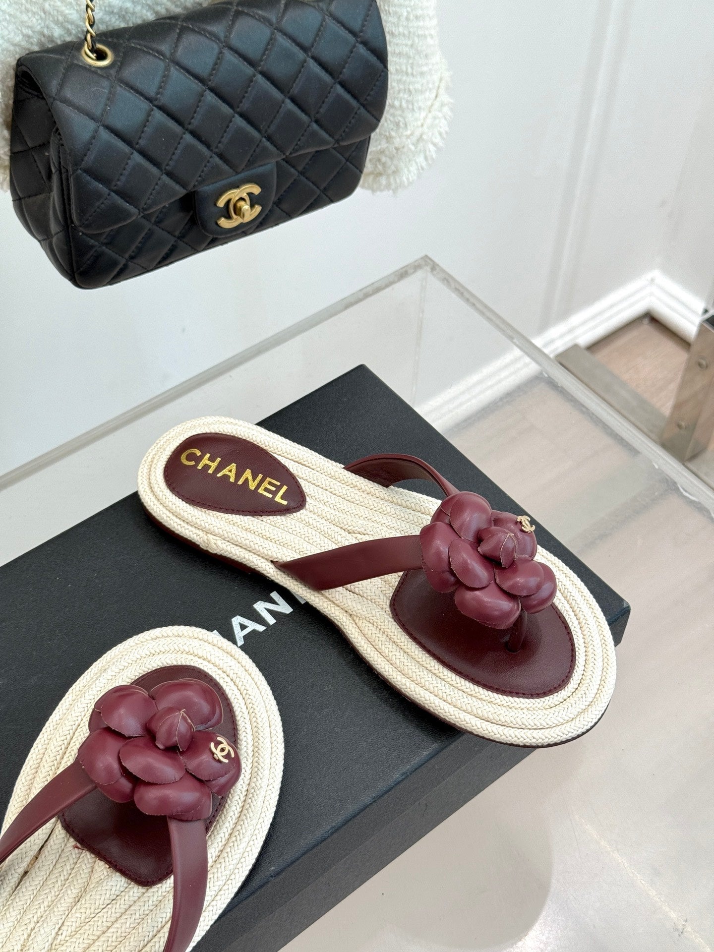 Chanel 26C Camellia Rope-Soled Flip-Flops Burgundy in Sheepskin 717716