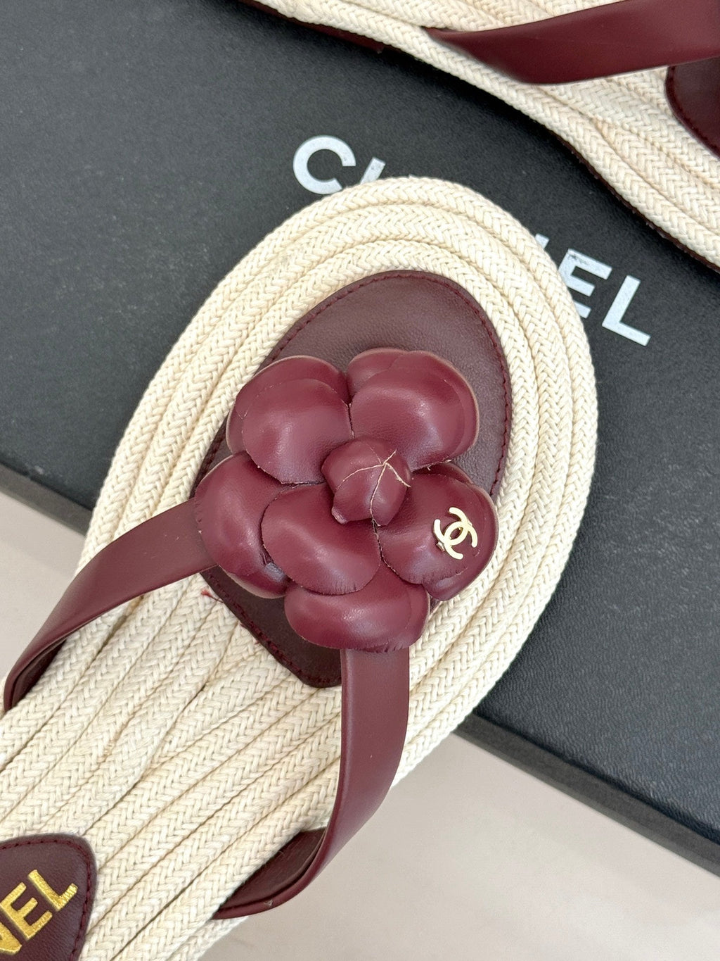 Chanel 26C Camellia Rope-Soled Flip-Flops Burgundy in Sheepskin 717716