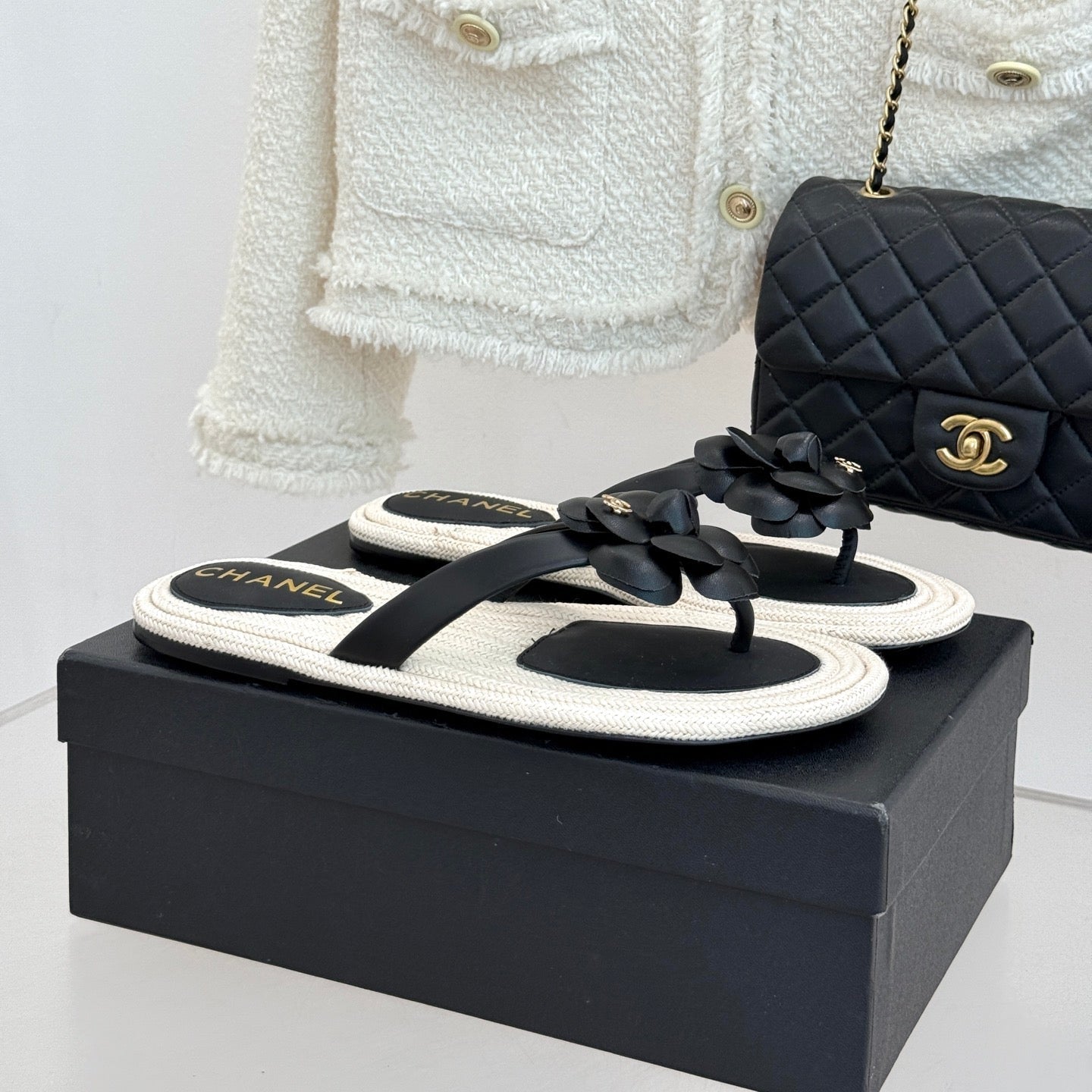 Chanel 26C Camellia Rope-Soled Flip-Flops Black in Sheepskin 717715