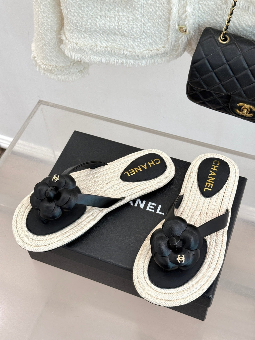 Chanel 26C Camellia Rope-Soled Flip-Flops Black in Sheepskin 717715