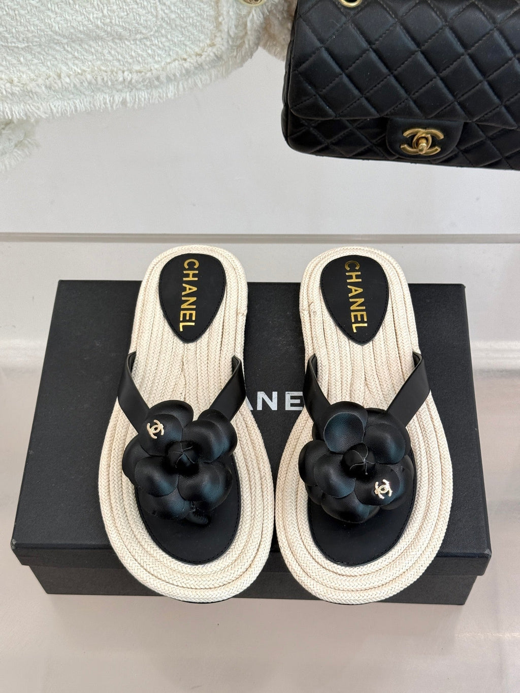 Chanel 26C Camellia Rope-Soled Flip-Flops Black in Sheepskin 717715