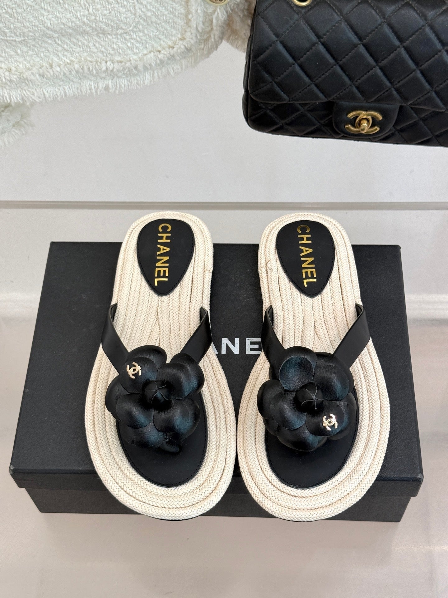 Chanel 26C Camellia Rope-Soled Flip-Flops Black in Sheepskin 717715