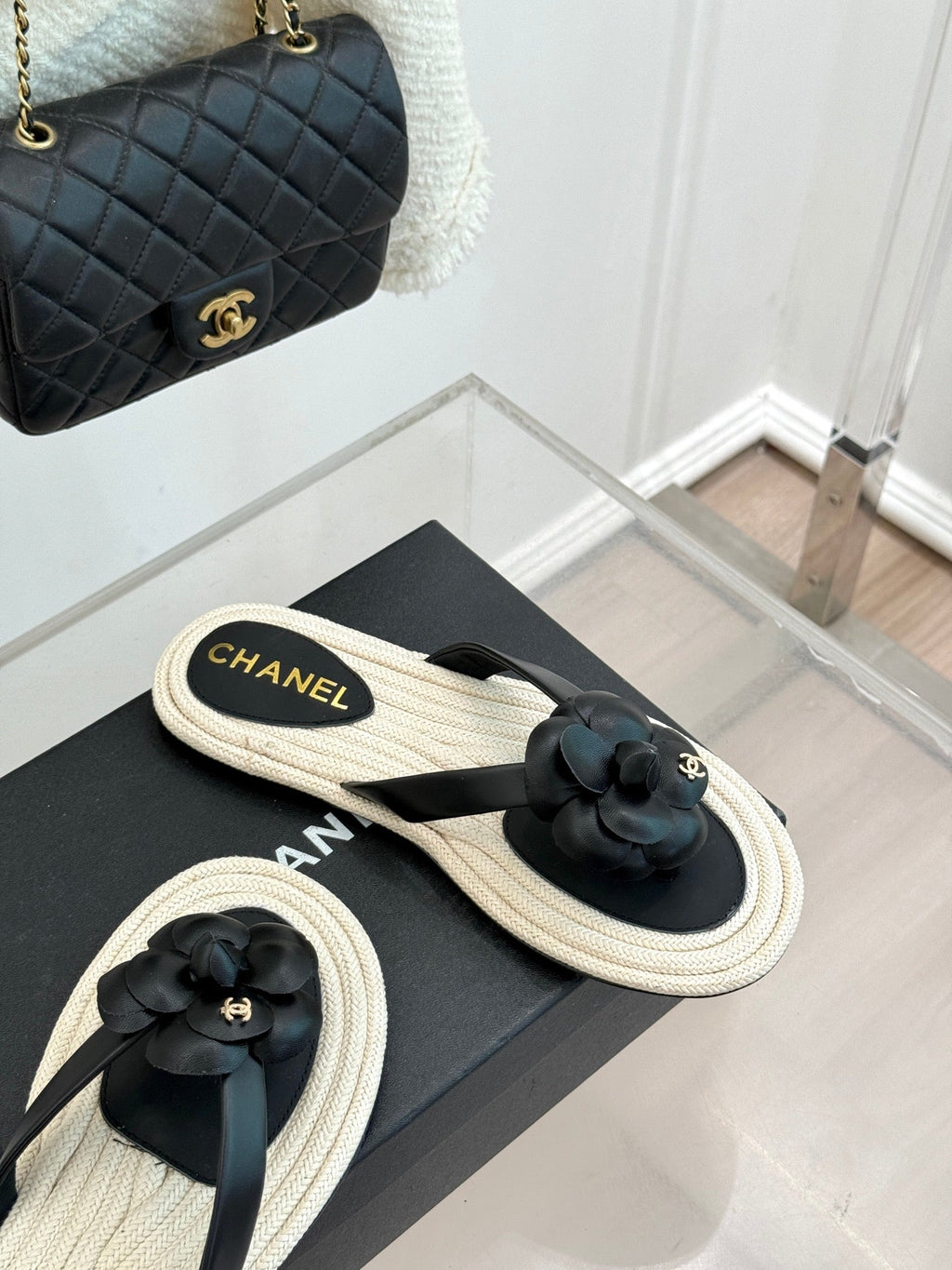 Chanel 26C Camellia Rope-Soled Flip-Flops Black in Sheepskin 717715