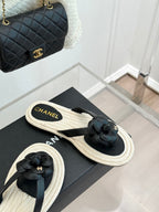 Chanel 26C Camellia Rope-Soled Flip-Flops Black in Sheepskin 717715
