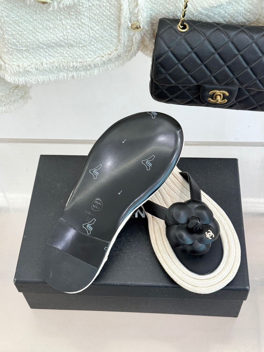 Chanel 26C Camellia Rope-Soled Flip-Flops Black in Sheepskin 717715