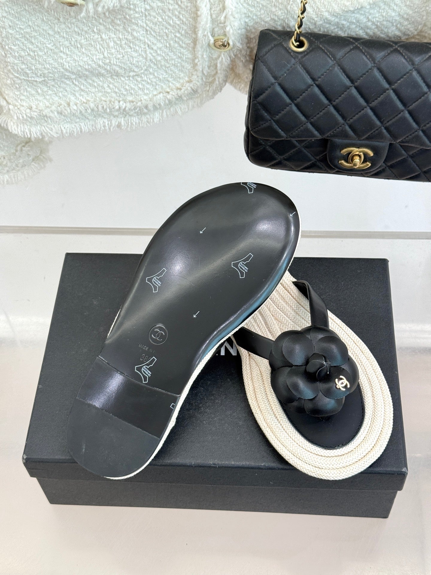 Chanel 26C Camellia Rope-Soled Flip-Flops Black in Sheepskin 717715