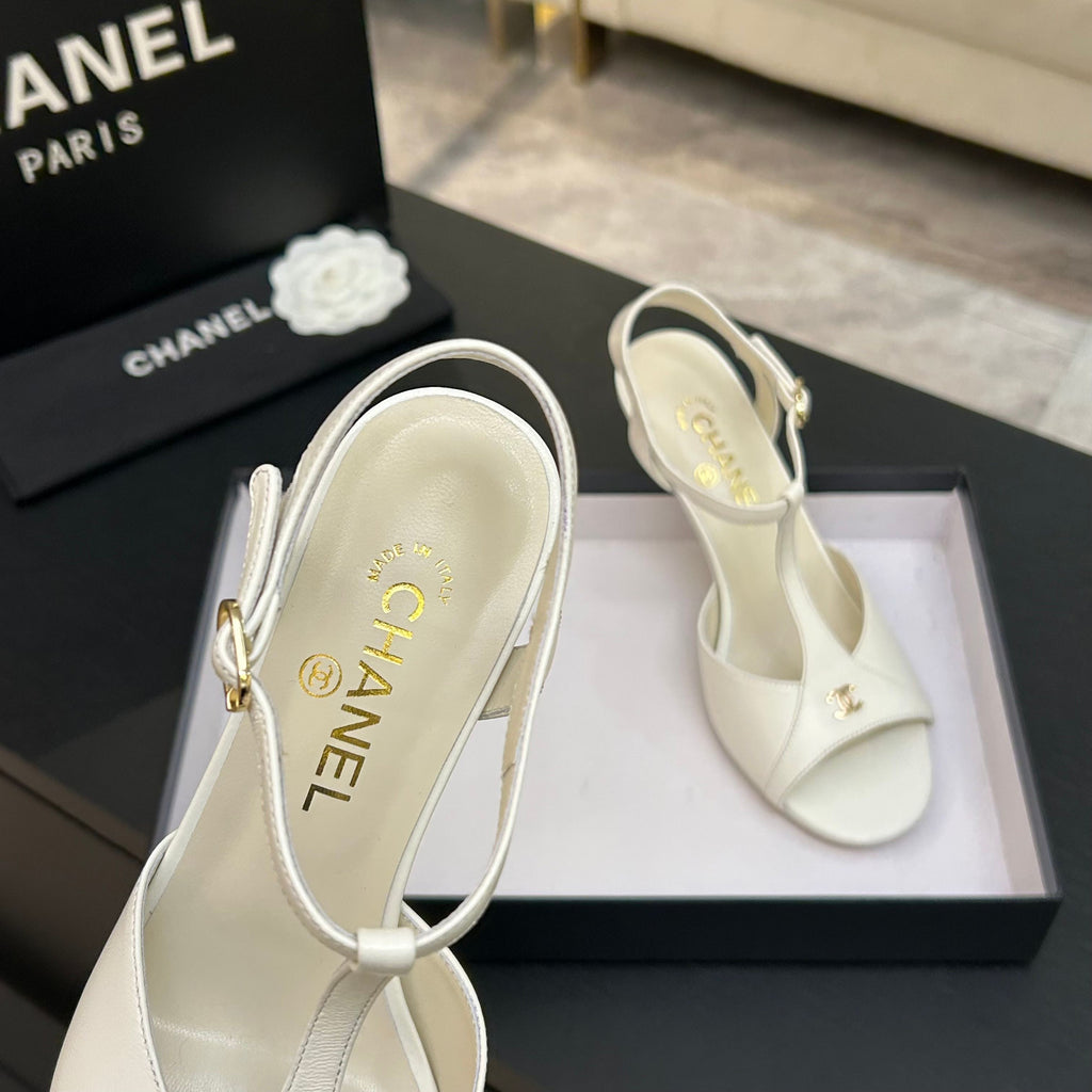 Chanel 26P Metallic Double C Stiletto Sandals 70 Ivory In Sheepskin 717713