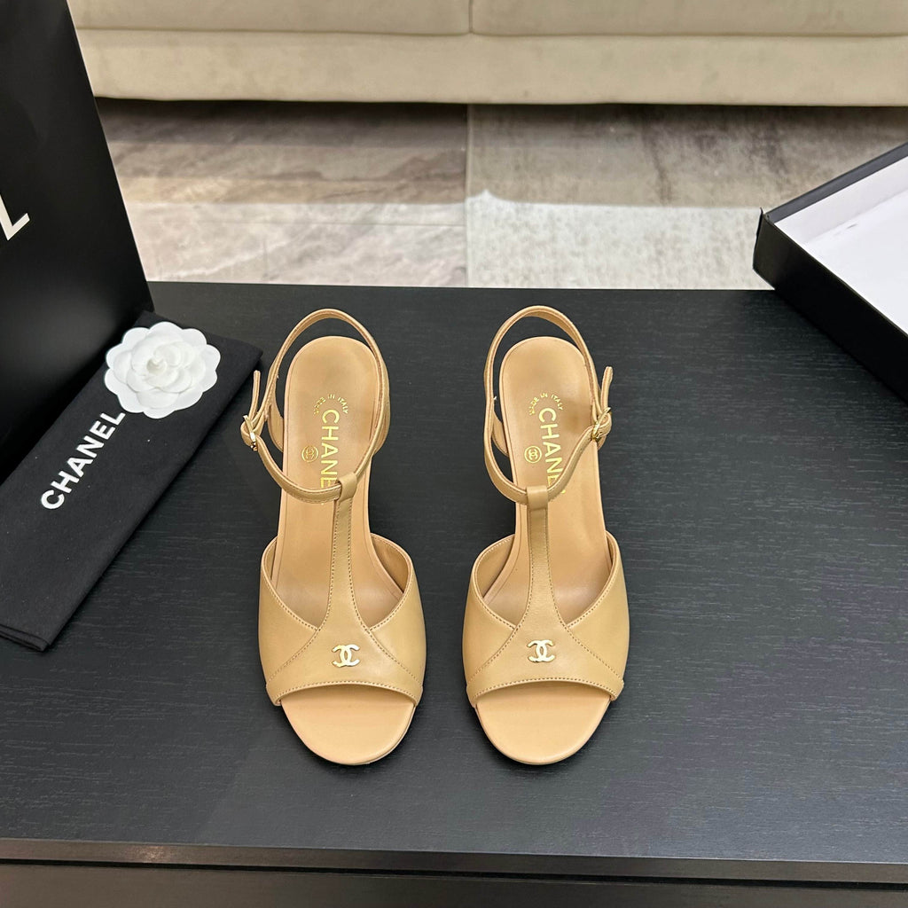 Chanel 26P Metallic Double C Stiletto Sandals 70 Beige In Sheepskin 717711
