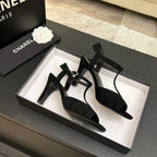 Chanel 26P Metallic Double C Stiletto Sandals 70 Black In Sandblasted Leather 717712