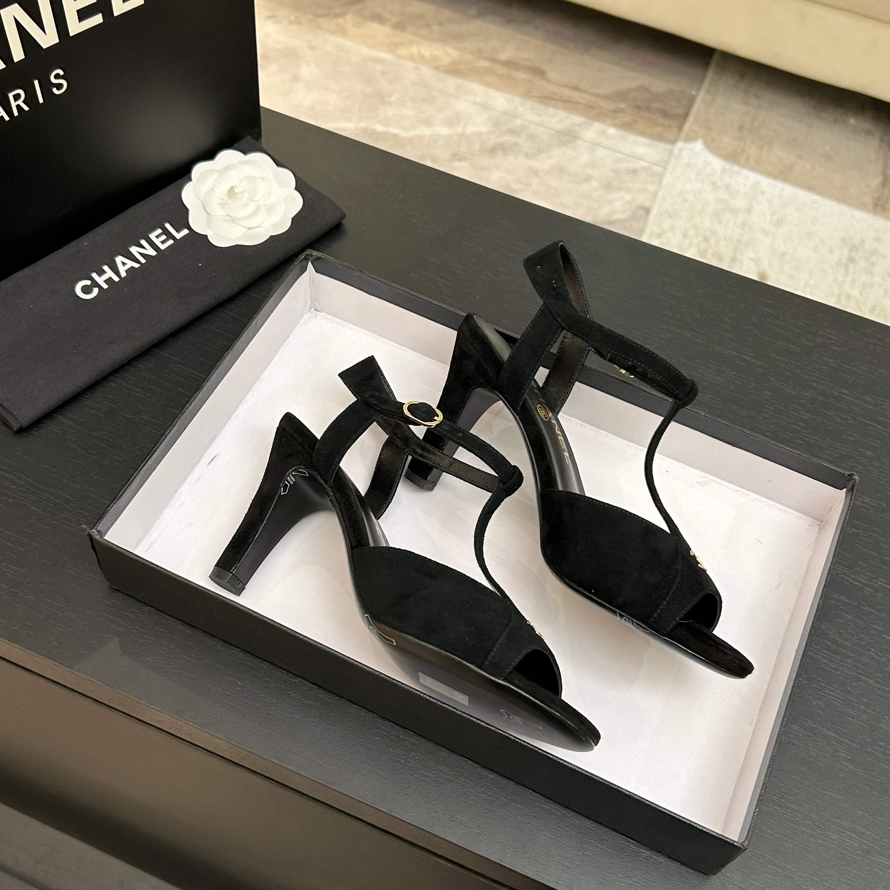 Chanel 26P Metallic Double C Stiletto Sandals 70 Black In Sandblasted Leather 717712