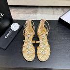Chanel Camellia Pearl Chunky Heel Sandals Gold In Cowhide Leather 717699