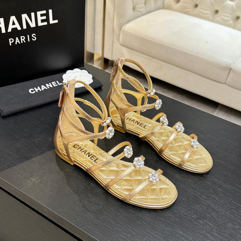 Chanel Camellia Pearl Chunky Heel Sandals Gold In Cowhide Leather 717699